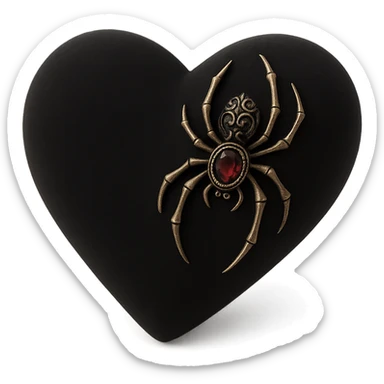 gothic heart in 3D black style, black velvet texture, silver spider brooch, deep red gemstone, ornate and dark sticker