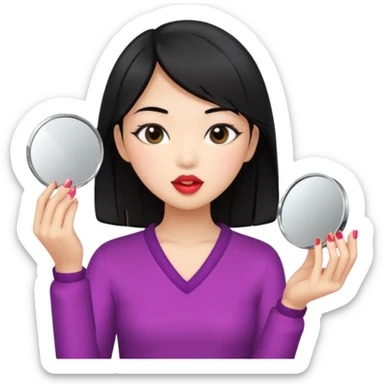 black haired asian girl putting on lipgloss while holding a compact mirror sticker