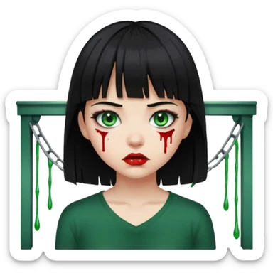 Guria com cabelo preto franjinha sangrando olhos verdes  fundo preto e um piercing bridgepiercing sticker