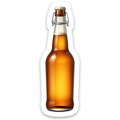 glass bottle of beer with warm amber hue visible through transparent glass, long neck, capped with metal crown, subtle condensation suggesting coldness, classic clean shape, no label or branding, soft lighting, subtle shadows, emoji scale sticker