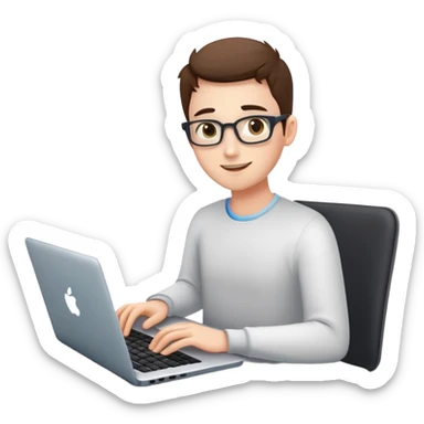 Create an emoji-style illustration of a person using a laptop. The person should have a friendly expression, with focused eyes looking at the screen. The laptop should be modern and slightly open, showing a glowing screen. The character should be sitting comfortably, with hands on the keyboard, conveying engagement in work or coding. The style should be similar to existing emoji aesthetics, with smooth shading and vibrant colors. The background should be minimal or transparent sticker