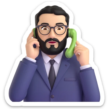 businessman with medium black beard, black hair styled to one side, connected unibrow, olive skin, brown eyes, glasses, prominent nose, in formal black jacket, in the process of dialing or answering phone call, with subtle modern office environment sticker