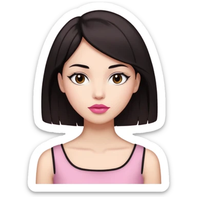 my hair is dark brown almost black, reaching my shoulder. the haircut is wolfcut, pretty lasher hut not thick. slightly pink lips. sticker