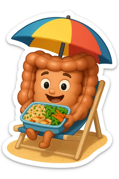 EMOJI STILE IPHONE DI INTESTINO IN SPIAGGIA SU UNA SPIAGGINA SOTTO L'OMBRELLONE CON IN MANO UNA SCHISCETTA DI Insalata di quinoa e pollo con rucola e carote, iperrealistica 4k sticker