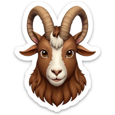 Cinematic Noble Brown Goat Portrait Emoji, Poised and regal, with a sturdy, agile build and a smooth, well-groomed rich brown fur accented by gracefully curved horns, deep-set soulful dark eyes, Simplified yet sharp and sophisticated features, highly detailed, glowing with a warm, dignified glow, high shine, intelligent and spirited, stylized with an air of rustic elegance, focused and attentive, soft glowing outline, capturing the essence of a watchful and confident goat, so majestic it feels as though it could leap out of the screen with effortless authority! sticker
