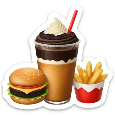Crea una escena estilo restaurante que incluya: una 🍔 hamburguesa jugosa, un 🥤 frappé de galleta oreo en vaso de vidrio con popote, 🍟 papas fritas sticker