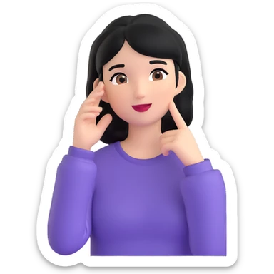 girl listening to viewer, side view, hand to ear, emoji style, with black hair sticker