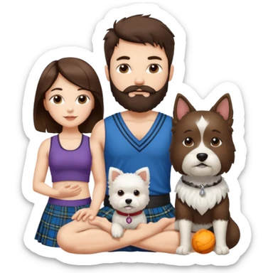 emoji of brunette man with beard wearing kilt, brunette woman in yoga outfit and white fluffy dog sticker