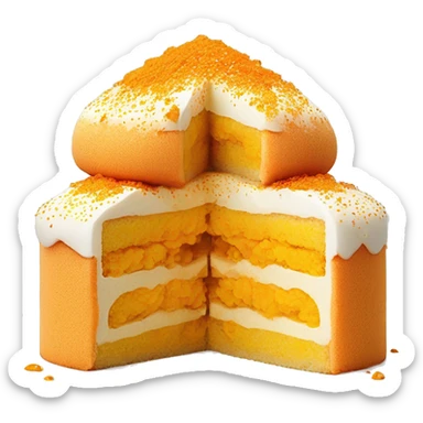 a Vietnamese salted egg sponge cake The emoji is round, soft, and yellow with bright orange salted egg yolks on top, small drizzles of white mayonnaise, and golden pork floss have a gap between toppings sticker