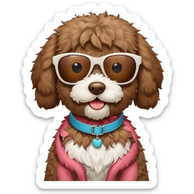 Brown Labradoodle with a white patch of fur on her stomach wearing sunglasses sticker
