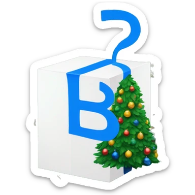 "white box with blue illustrations and a bold 'B' logo in the middle, placed beside a vibrant green Christmas tree. sticker