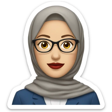 Hijabi white woman with glasses and brown eyes wearing a blue suit and red lipstick sticker