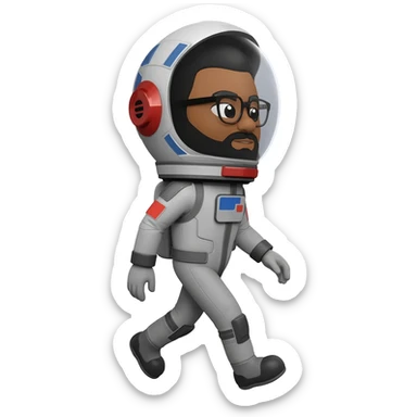 astronaut with helmet walking space brown skin, black eyes, glasses and beard  black hair show body sticker