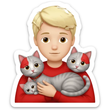 Make 20 gray cats cudling a kid that’s a boy wearing all red and he’s blond sticker