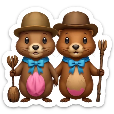add a bow on the head of one beaver with another beaver without a bow on its head in a lodge of sticks and logs sticker