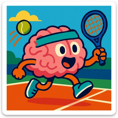 a brain playing tennis, fun and energetic, vibrant cartoon style sticker
