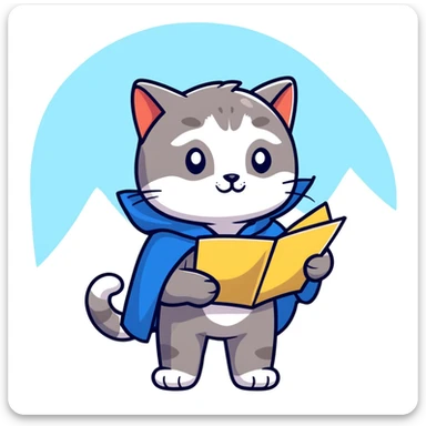 Explorer cat with map in paws, mountains and starry sky behind, wearing explorer outfit and cloak blowing in wind, gazing at horizon sticker