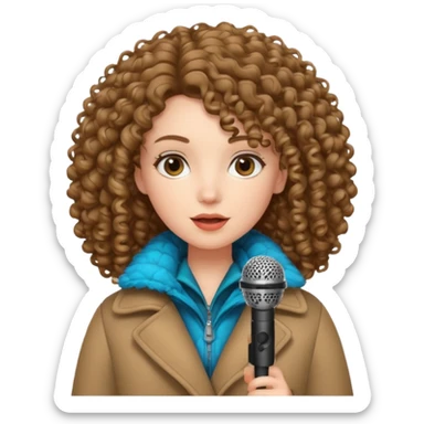curly haired woman with winter clothes holding microphone sticker