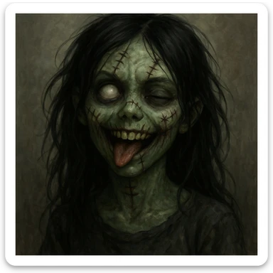 zombie girl, black hair, stitched face, playful expression sticker