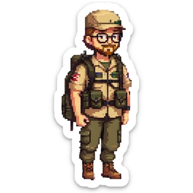 adventurer with goatee beard (no beard on cheeks), short hair, glasses, backwards military tan cap and backpack sticker