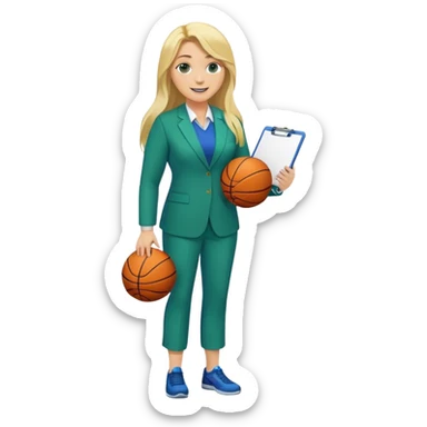 Full Body white plus size female basketball head coach using a clipboard with long blonde hair in a blue and green suit smiling with basketball and clipboard sticker