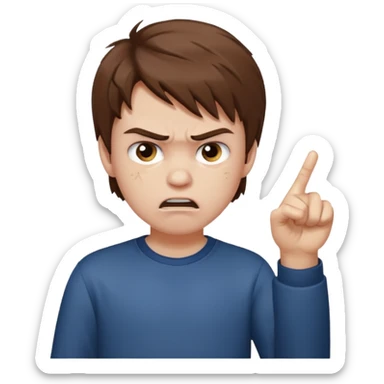 angry young boy pointing fingure at his own face sticker