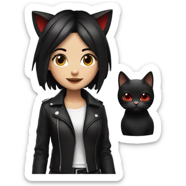 girl, short black hair, with cat ears, red eyes, black collar on neck, wearing leather black jacket, smirking sticker