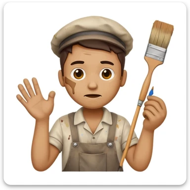 clumsy house painter emoji with old stained clothes, no hat, holding a snapped paintbrush, confused expression, paint on face and hands, chaotic background sticker