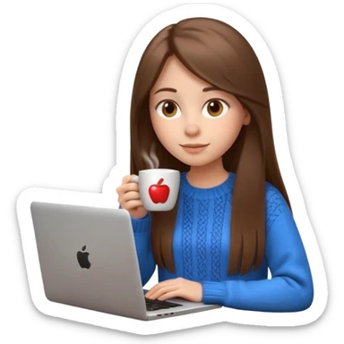 young woman 20 years old, long straight brown hair, wearing a sweater, drinking coffee and working on a laptop, 3D Apple emoji style sticker