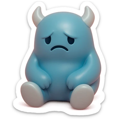 lonely monster, sitting alone with a sad expression, muted blue and grey colors, toy-like vinyl figure style sticker
