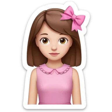a girl with brown hair and a pink bow, wearing a pink dress sticker
