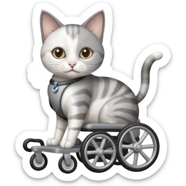 disabled grey and white small cat using cat wheelchair sticker