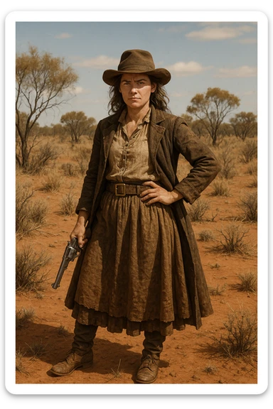 1850s female bushranger, rugged, period clothing, hat, confident stance, Australian outback, historical style sticker