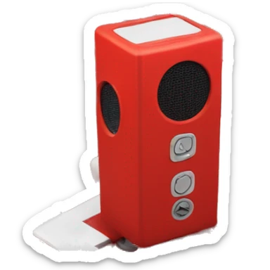 Create an emoji of a rectangular audio box that is in scarlett red and has two microphone inputs on the front sticker