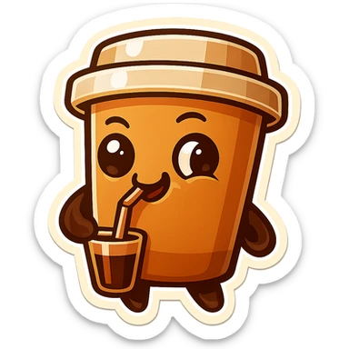 Tall coffee cup, amused, mischievous, drinking coffee with straw, looking sideways sticker