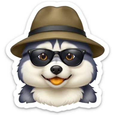 Husky dog wearing black sunglasses and a hat with duck pattern sticker