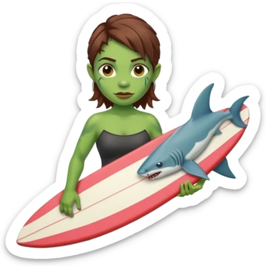 orc female holds a little surfboard with a shark painted vertically in his hands sticker