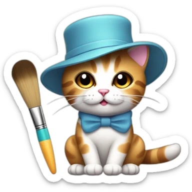 Kawaii cat artist in hat with palette and brush so it can be used as a mouse cursor sticker