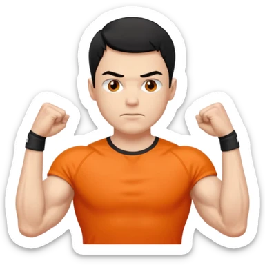 Mach mir einen unglücklichen typen der im gym trainert und viele muskeln hat mit einem orangen sport thshirt und schwarzen kurzen haaren sticker