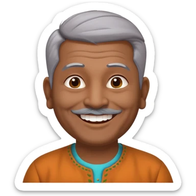 50 yr old indian man, dark skin, grey hair, big smile, white teeth, chubby, no moustache, clean shaven, young style hair, bindy, hair brushed up sticker