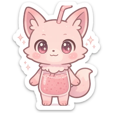 full-body chibi pastel pink fox-blender hybrid with transparent body showing smoothie inside, sparkling eyes, transparent background sticker