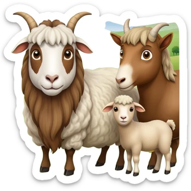 Icon for Domestic Hooved Animals: A gentle collage featuring a brown goat with large, curious eyes, a calm sheep with soft wool and a horse with a flowing mane. Background with a green pasture and a few hay bales. Transparent background. sticker