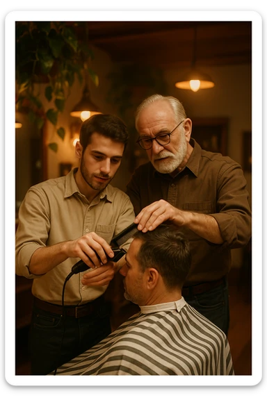 Inside a cozy barbershop with soft lighting, an experienced barber gently teaches his apprentice, guiding his hands as they cut hair together. The room is filled with warmth, plants hanging from the ceiling, and the hum of clippers sticker
