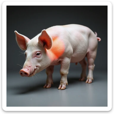 realistic pig standing on a white background with a transparent or softly colored red or orange highlight on the neck indicating the thyroid position, no cuts or blood, clean didactic style, hyperrealistic 4K sticker