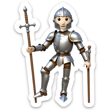3D render of Knight Puppet as a wooden marionette puppet, Painted silver wood armor, strings, silver metal screw joints at elbows and knees, polished brown wood texture, rigid toy pose, emoji style, isolated on white background --v 6.0. sticker