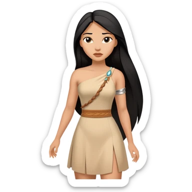 Pocahontas from hips up, tan dress with one shoulder, long black hair, minimal style but clearly recognizable sticker