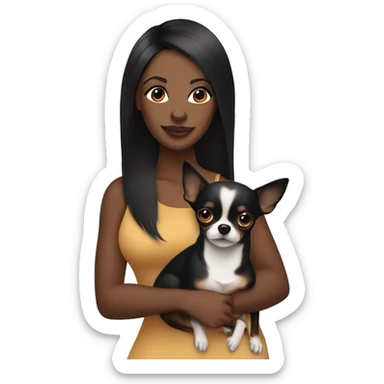 A curvy African American woman with dark skin and straightened black hair holding a black and brown pointy ear chihuahua  sticker