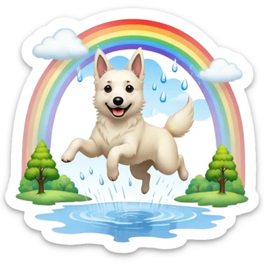 Beautiful White belgian Shepard jumping Cheerful  over Rain puddles. There is a rainbow in the sky and trees in the background sticker