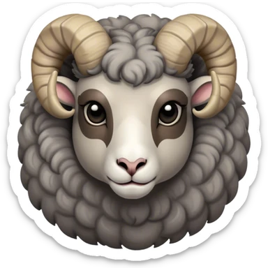 Cinematic Noble Ram Portrait Emoji, Poised and regal, with a sturdy, powerful build and a thick, woolly grey fur adorned with impressively curled horns, deep-set soulful dark eyes, Simplified yet sharp and sophisticated features, highly detailed, glowing with a soft, dignified glow, high shine, intelligent and commanding, stylized with an air of rugged majesty, focused and attentive, soft glowing outline, capturing the essence of a watchful and confident ram, so majestic it feels as though it could charge out of the screen with effortless authority! sticker