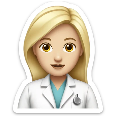 white girl with blonde flat hair wearing a lab coat sticker